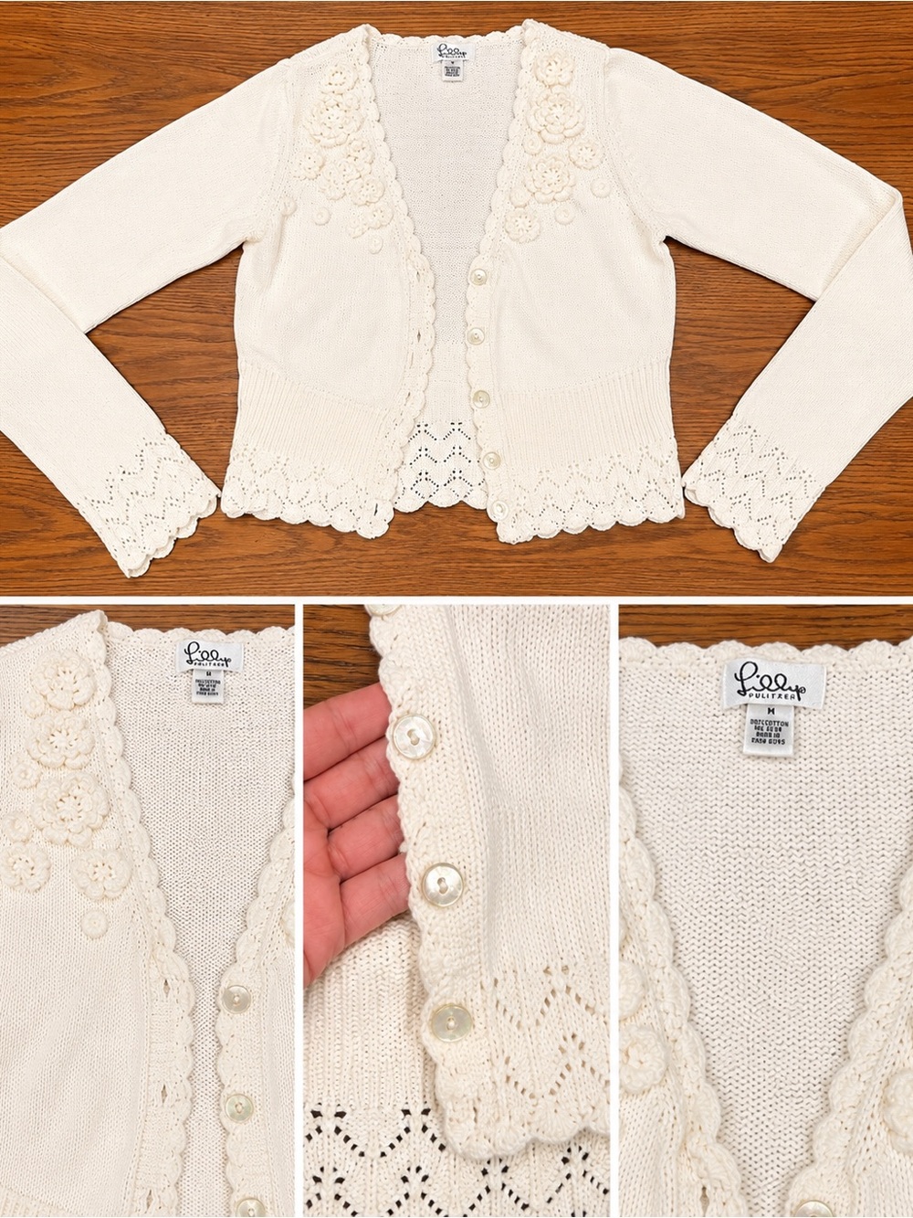 Vintage Lilly Pulitzer Cream Crochet Floral Cardigan Sweater Y2K